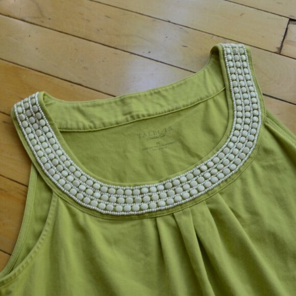 Talbots Top Women's Chartreuse Green Sleeveless Beaded Scoop Neck Tee Medium M - Picture 3 of 9